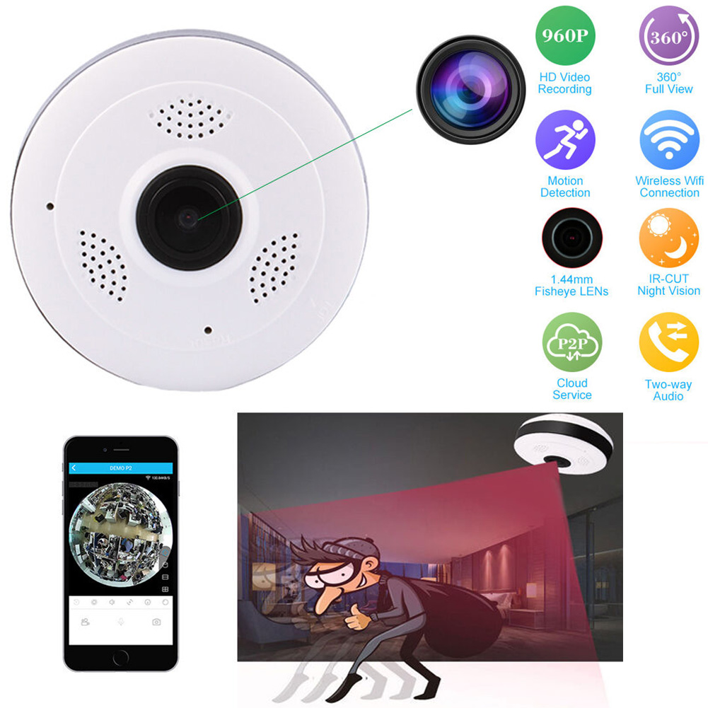 Ασύρματη Κάμερα Οροφής IP Wifi με Ευρυγώνιο Φακό Fish Eye HD 920p Πανοραμικής Θέασης, Αισθητήρα Κίνησης, Ειδοποιήσεις, Baby Monitor Μικρόφωνο & Ηχείο